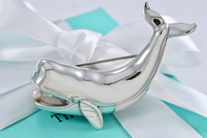 Tiffany & Co. Silver Pearl Whale Brooch Pin