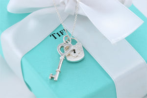 Tiffany & Co. Silver Small 1" Heart Key & Keyhole Padlock Necklace