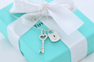 Tiffany & Co. Silver Small 1" Heart Key & Keyhole Padlock Necklace