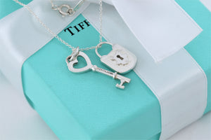 Tiffany & Co. Silver Small 1" Heart Key & Keyhole Padlock Necklace