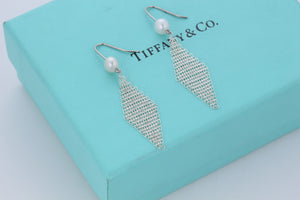 Tiffany & Co. Elsa Peretti Silver Small Mesh Dangle Pearl Earrings