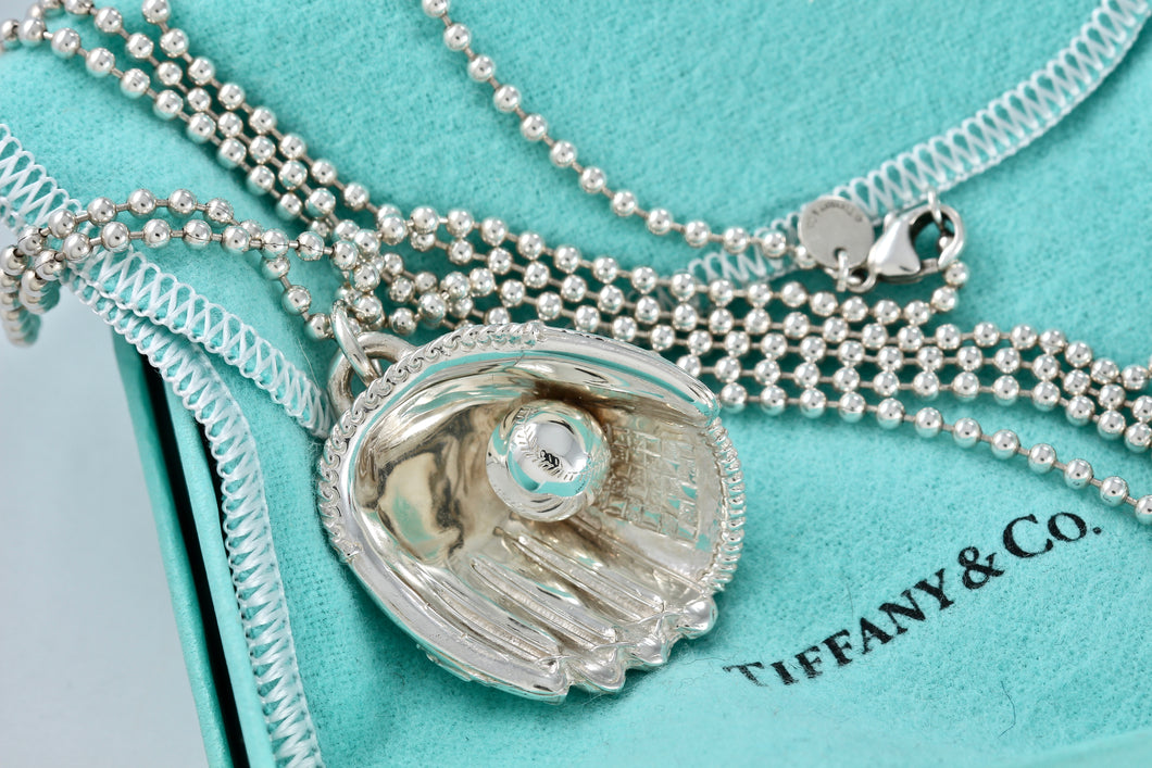 Tiffany & Co. Mens Silver Baseball Glove Ball Beaded Chain Necklace