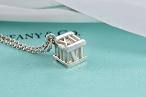 Tiffany & Co. Atlas Silver Roman Numerals Square Cube Pendant Necklace