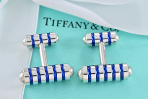 Tiffany & Co. Paloma Picasso Mens Silver Blue Enamel Stripe Cufflinks