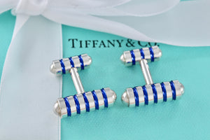 Tiffany & Co. Paloma Picasso Mens Silver Blue Enamel Stripe Cufflinks