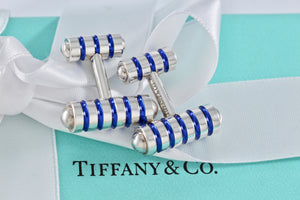 Tiffany & Co. Paloma Picasso Mens Silver Blue Enamel Stripe Cufflinks