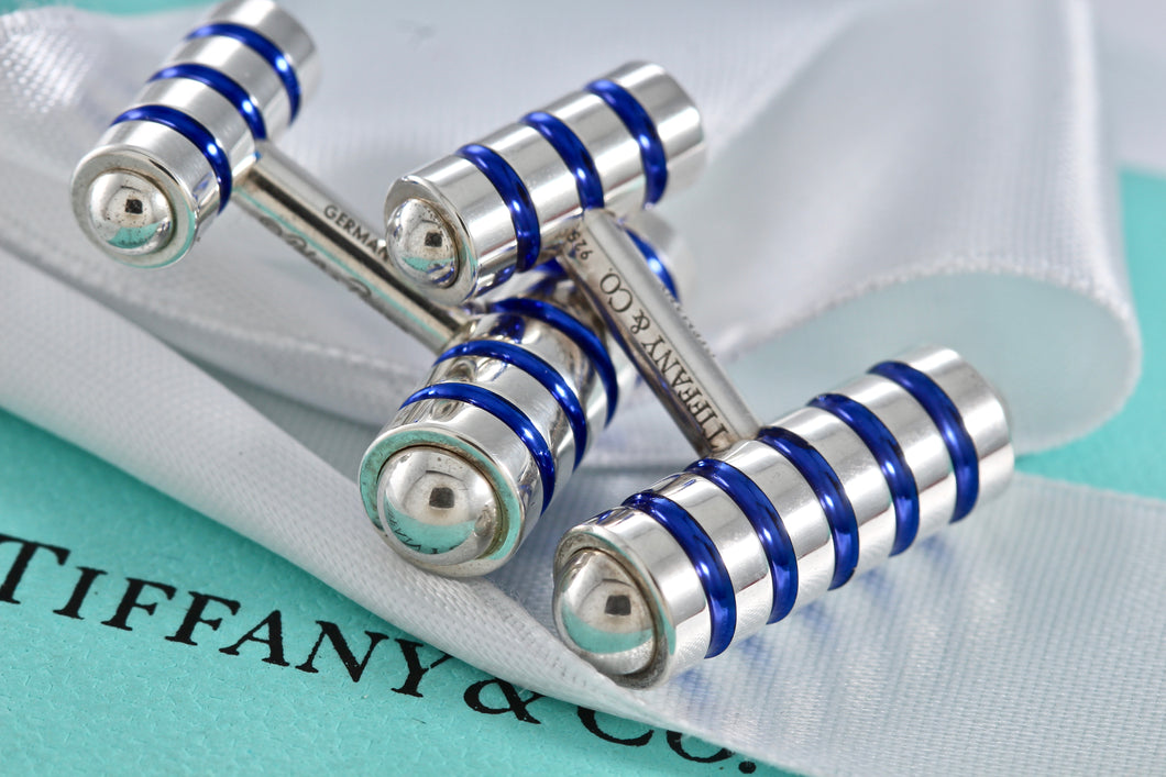 Tiffany & Co. Paloma Picasso Mens Silver Blue Enamel Stripe Cufflinks