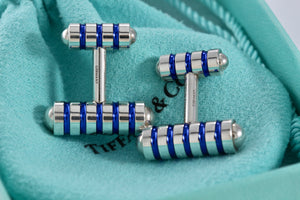Tiffany & Co. Paloma Picasso Mens Silver Blue Enamel Stripe Cufflinks