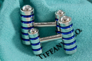 Tiffany & Co. Paloma Picasso Mens Silver Blue Enamel Stripe Cufflinks
