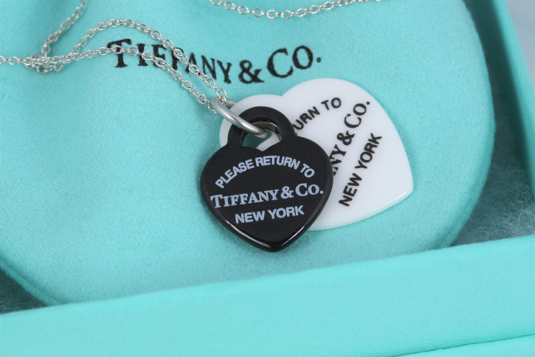 Return To Tiffany & Co. Black Bone & White Bone Double Heart Charm Silver Necklace