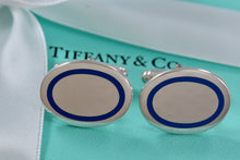 Load image into Gallery viewer, Tiffany &amp; Co. Mens Silver Blue Enamel Stripe Oval Cufflinks
