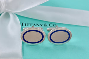 Tiffany & Co. Mens Silver Blue Enamel Stripe Oval Cufflinks