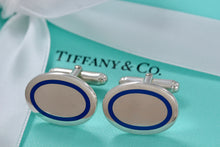 Load image into Gallery viewer, Tiffany &amp; Co. Mens Silver Blue Enamel Stripe Oval Cufflinks
