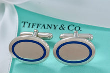 Load image into Gallery viewer, Tiffany &amp; Co. Mens Silver Blue Enamel Stripe Oval Cufflinks

