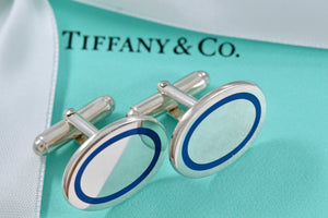Tiffany & Co. Mens Silver Blue Enamel Stripe Oval Cufflinks