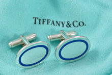 Load image into Gallery viewer, Tiffany &amp; Co. Mens Silver Blue Enamel Stripe Oval Cufflinks
