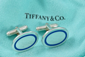 Tiffany & Co. Mens Silver Blue Enamel Stripe Oval Cufflinks