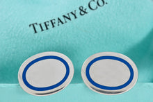 Load image into Gallery viewer, Tiffany &amp; Co. Mens Silver Blue Enamel Stripe Oval Cufflinks
