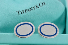 Load image into Gallery viewer, Tiffany &amp; Co. Mens Silver Blue Enamel Stripe Oval Cufflinks
