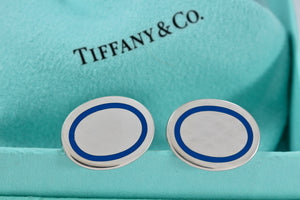 Tiffany & Co. Mens Silver Blue Enamel Stripe Oval Cufflinks