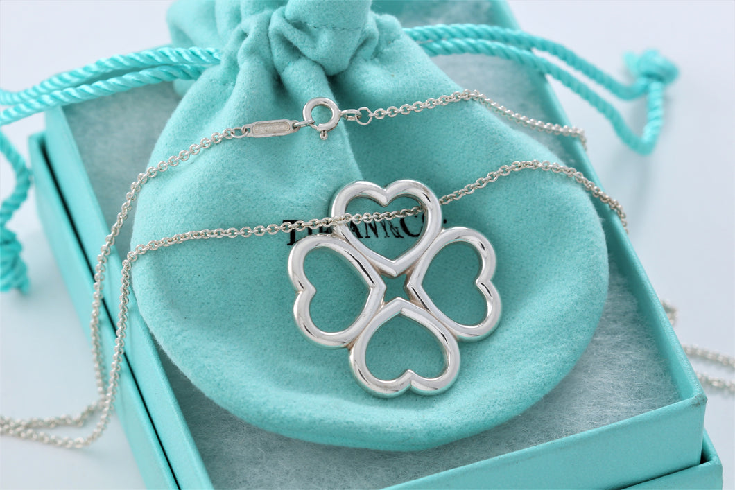Tiffany & Co. Silver Large 4 Clover Heart Charm Necklace