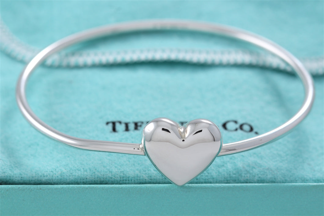 Tiffany & Co. Silver Puffy Heart Hook Bangle Bracelet