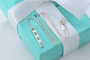 Tiffany & Co. Atlas Silver Stencil Roman Numerals Thin Bar Chain Necklace