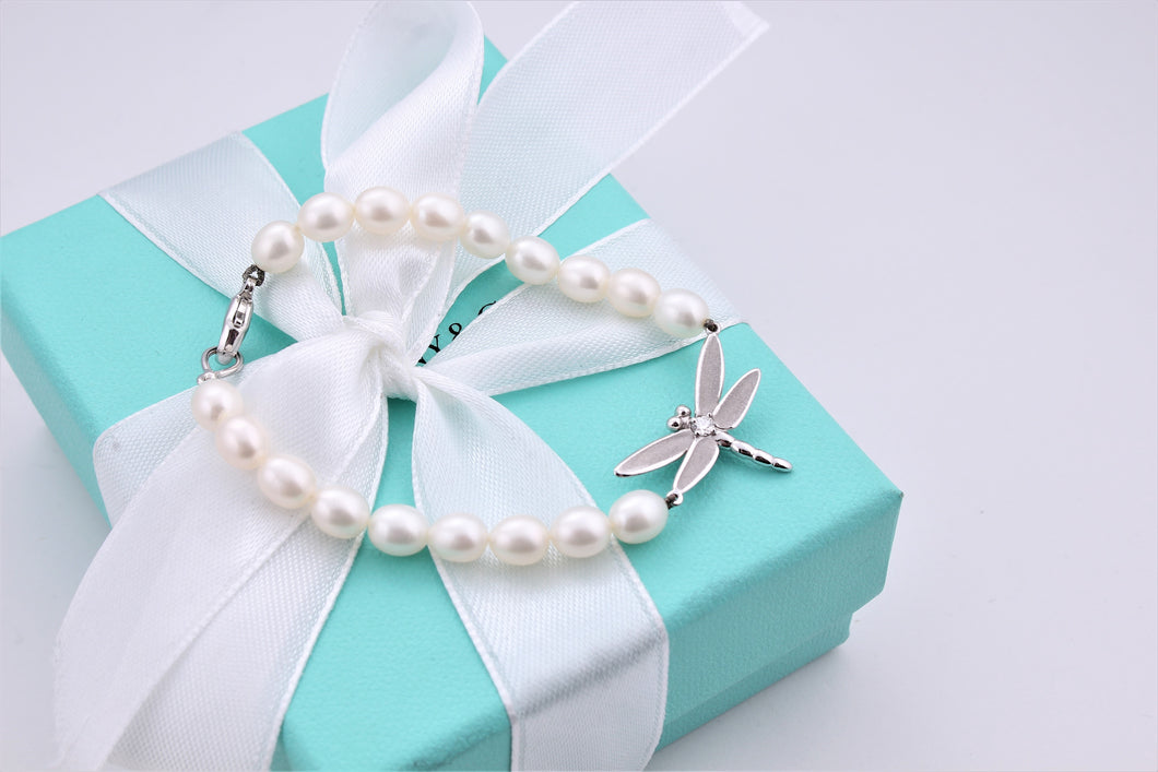 Tiffany & Co. Nature 18K White Gold Diamond Pearl Strand Dragonfly Bracelet