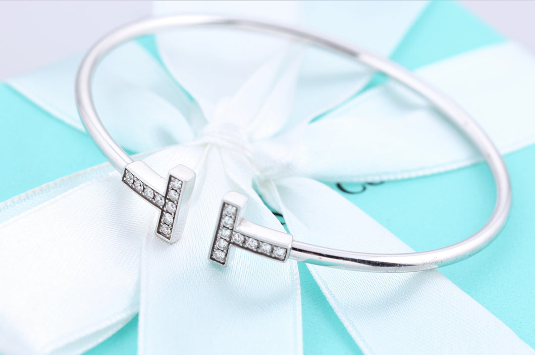 Tiffany & Co. 18K White Gold Diamond T Wire Bangle Bracelet