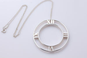 Tiffany & Co. Atlas Silver Roman Numerals XL Medallion Circle Pendant 18" Necklace