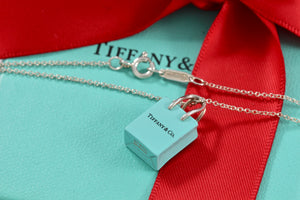 Tiffany & Co. Silver Blue Enamel "Shopping Bag" Charm Pendant 16" Necklace