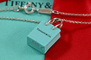 Tiffany & Co. Silver Blue Enamel "Shopping Bag" Charm Pendant 16" Necklace