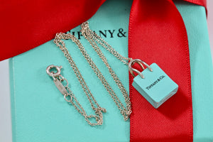 Tiffany & Co. Silver Blue Enamel "Shopping Bag" Charm Pendant 16" Necklace