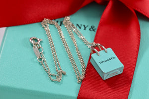 Tiffany & Co. Silver Blue Enamel "Shopping Bag" Charm Pendant 16" Necklace