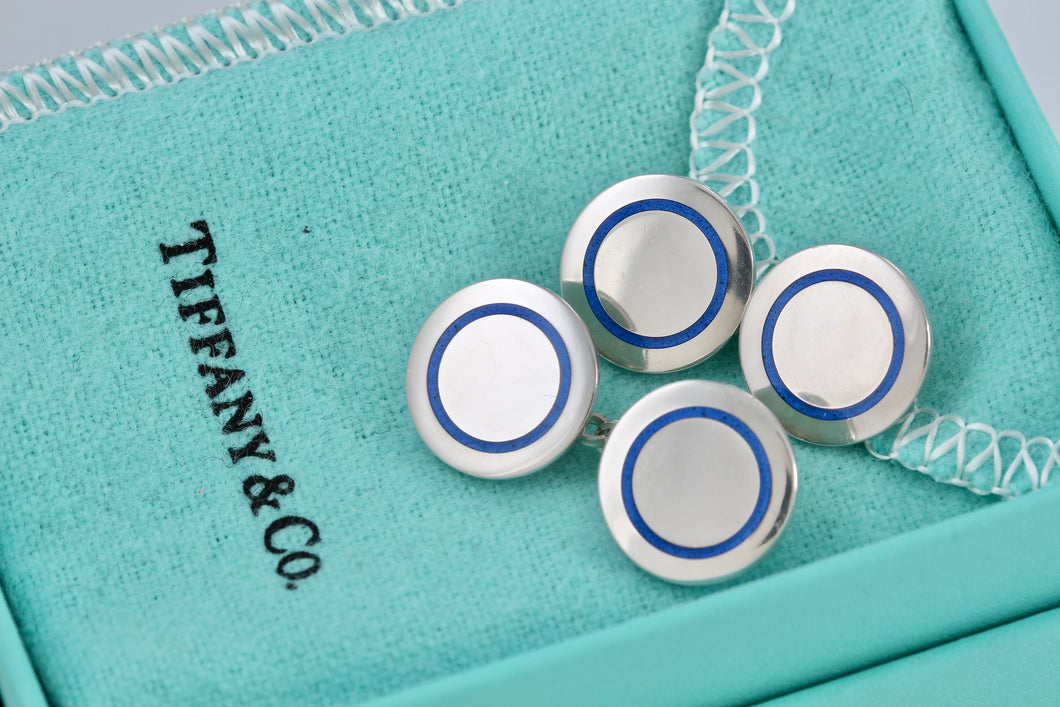 Tiffany & Co. Mens Silver Blue Enamel Dangle Circle Cufflinks Vintage