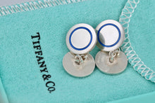 Load image into Gallery viewer, Tiffany &amp; Co. Mens Silver Blue Enamel Dangle Circle Cufflinks Vintage
