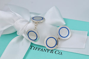 Tiffany & Co. Mens Silver Blue Enamel Dangle Circle Cufflinks Vintage