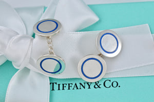 Tiffany & Co. Mens Silver Blue Enamel Dangle Circle Cufflinks Vintage