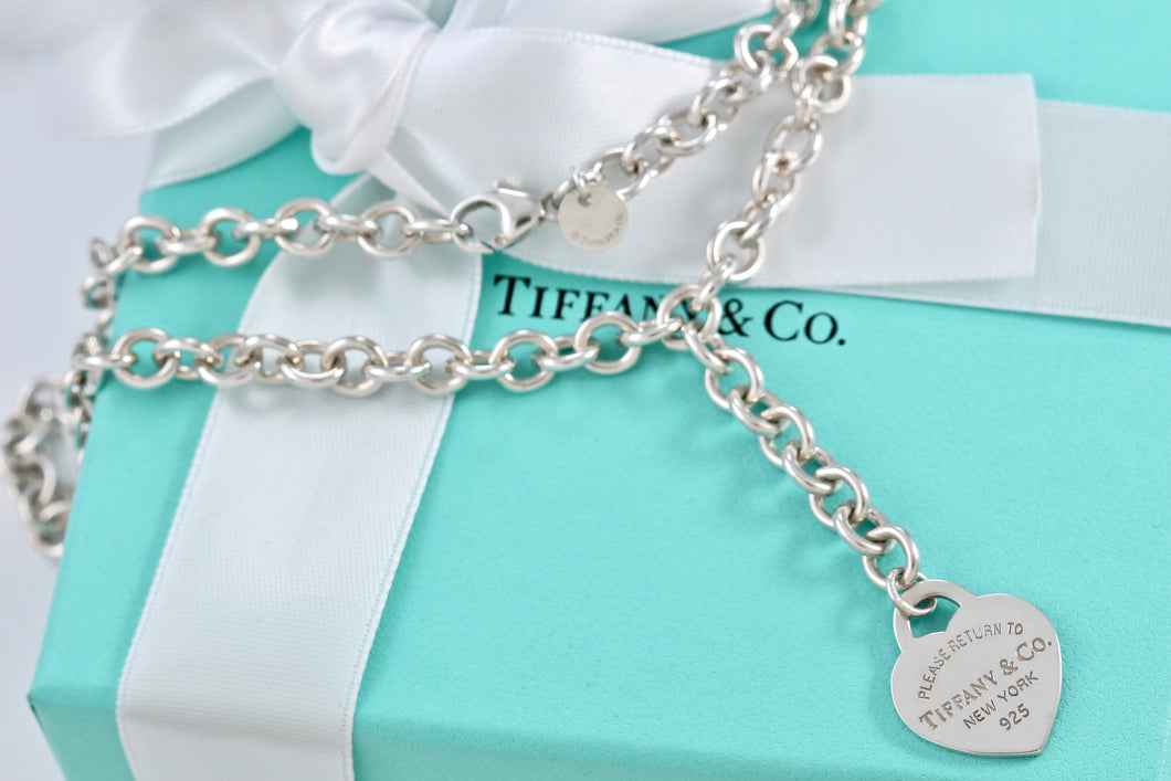 Return To Tiffany & Co. Silver Drop Dangle Heart Tag 6mm Link Necklace