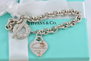 Return To Tiffany & Co. Silver Heart & Rubedo Mini Key Pendant 8mm Link Toggle Bracelet