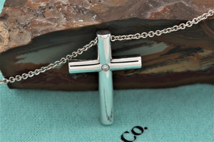 Tiffany & Co. Silver Diamond Large Cross Pendant Necklace