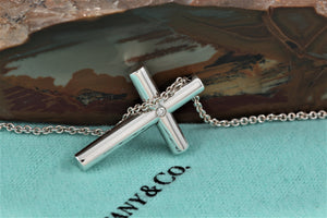 Tiffany & Co. Silver Diamond Large Cross Pendant Necklace