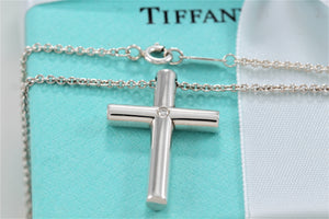 Tiffany & Co. Silver Diamond Large Cross Pendant Necklace