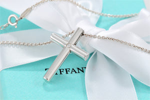 Tiffany & Co. Silver Diamond Large Cross Pendant Necklace