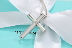 Tiffany & Co. Silver Diamond Large Cross Pendant Necklace