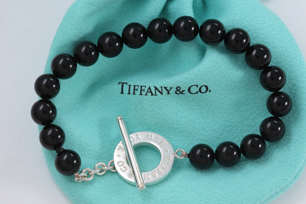 Tiffany & Co. Silver Onyx 8mm Beaded Toggle 8.5