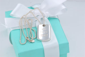 Tiffany & Co. 1837 Silver Dog Tag Pendant Beaded Chain Necklace