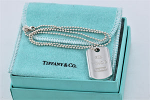 Tiffany & Co. 1837 Silver Dog Tag Pendant Beaded Chain Necklace
