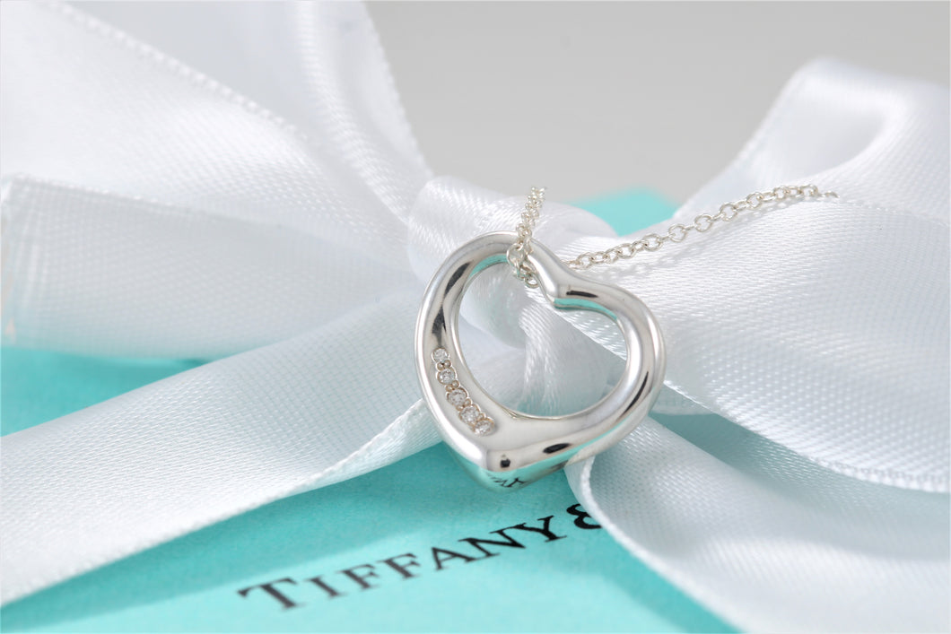 Tiffany & Co. Elsa Peretti Silver Small Open Heart 5 Diamond Necklace