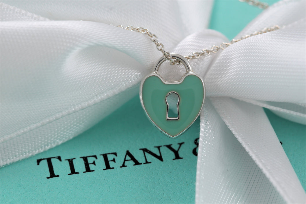 Tiffany & Co. Silver Blue Enamel Mini Keyhole Heart Pendant Necklace
